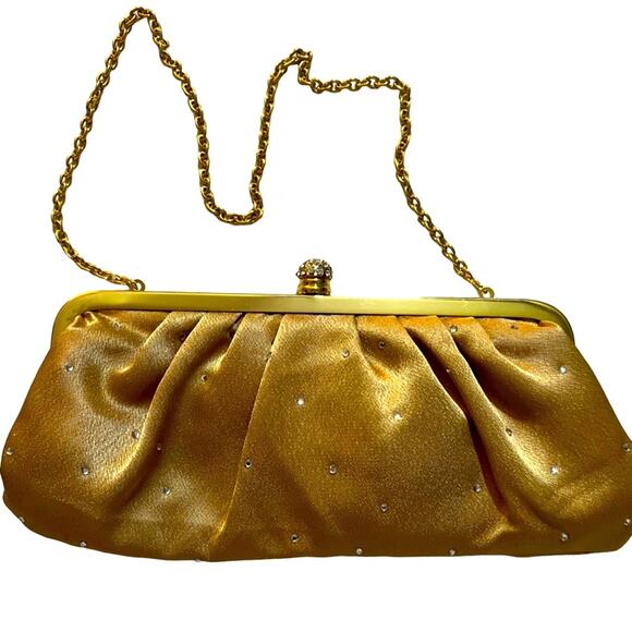 Vintage Gold Satin Rhinestone Jeweled Evening Bag Chain Strap Purse - Picture 8 of 8